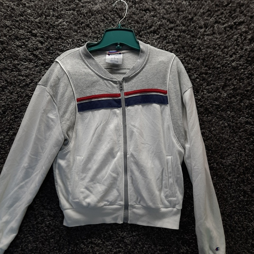 Vintage‎ Champion Sweatshirt Full Zip Women Small Gray Stripe 90s Crewneck Y2K